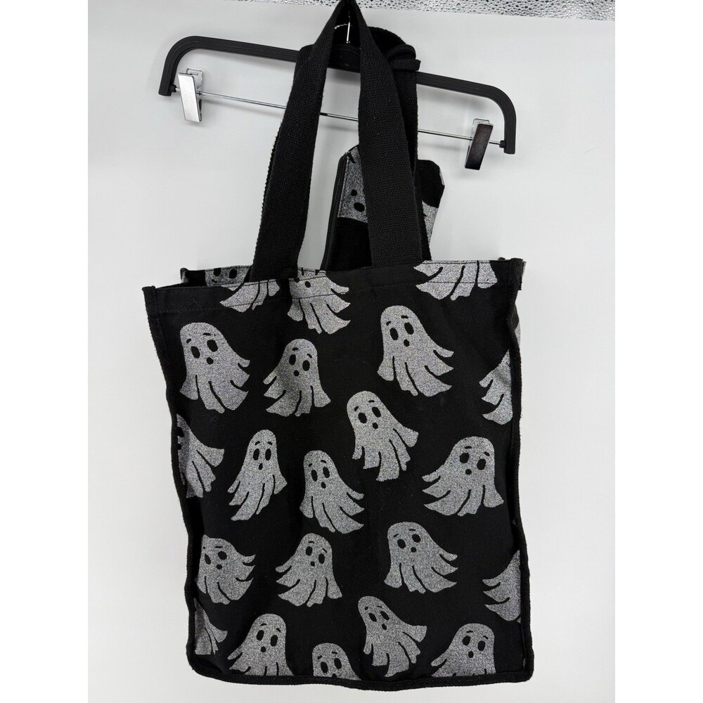 Halloween reusable and durable tote canvas bag 100% cotton ghosts Glitter black